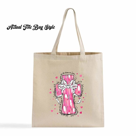 Women's Pink Silver White Glitter Look Cross DTF Custom Tote Bag - Picture 2 of 3
